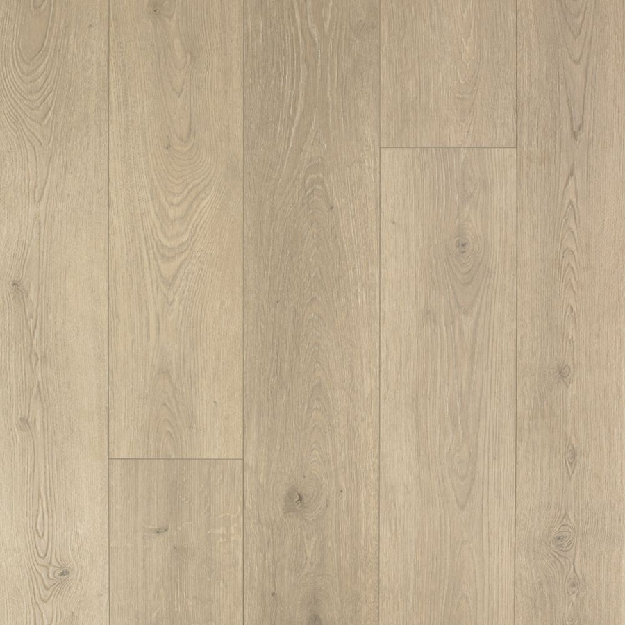 Beachside Collective 7 1/2" Waterproof Laminate in Sail Cloth features light oak tones, a natural grain pattern with subtle knots, and a smooth matte finish. Planks install lengthwise for coastal elegance and a clean modern look.