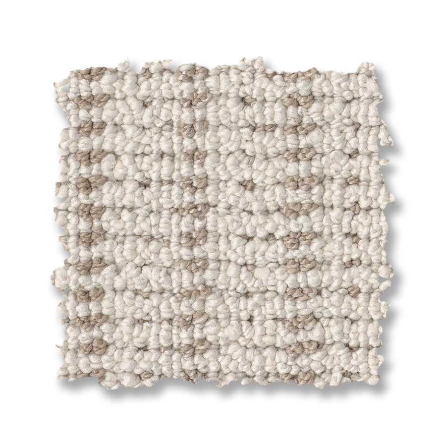 A square swatch of Laken On Trend Carpet with a loop pile pattern and a blend of light beige and taupe fibers, displayed on a white background with slightly uneven edges.