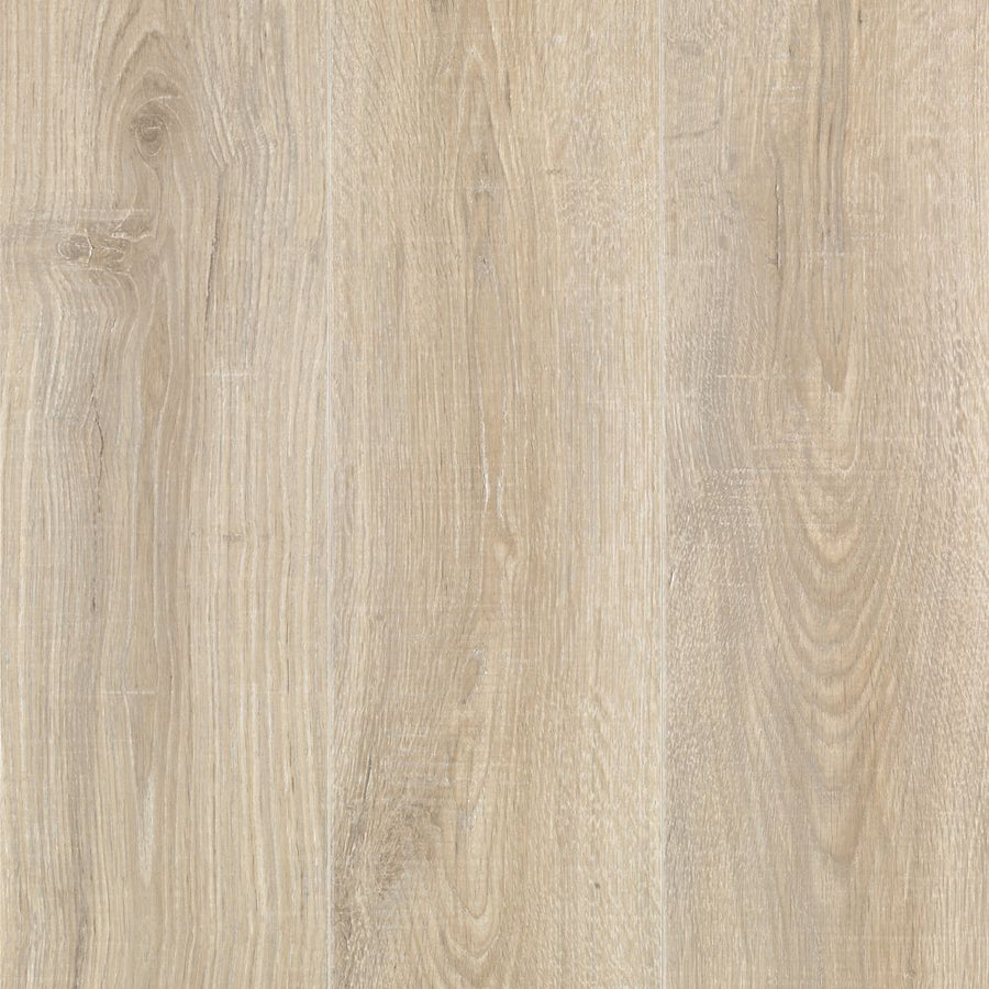 Rare Vintage 7 1/2" Waterproof Laminate in Sandcastle Oak features light tones with visible grain and natural knots, a smooth matte finish, and subtle beige/tan variations for stylish, durable flooring.