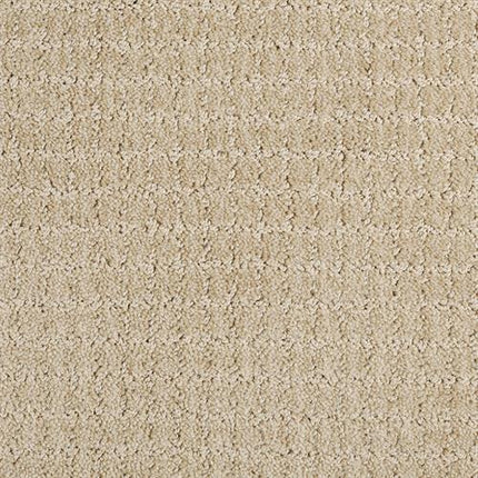 Close-up of Yucatan Pet Friendly Carpet in Sandstone—a beige, stain-resistant carpet with a subtle grid pattern. The soft, slightly raised fibers create a plush, comfortable surface that's also perfect for homes with pets.
