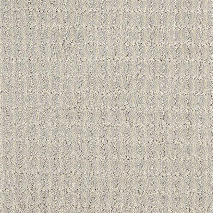 Close-up of Yucatan Pet Friendly Carpet in Scenic Drive, featuring a light gray, stain-resistant surface with a subtle repeating grid and loop pattern for a soft, modern look.