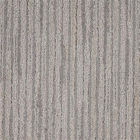 Close-up of the Artist View On Trend Carpet in Sculpture, featuring a textured looped surface with vertical gray and beige stripes for a subtle, modern, and durable style.