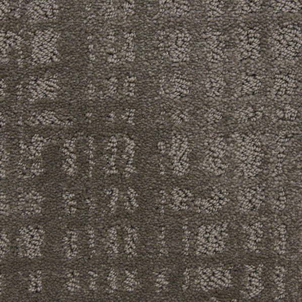 Close-up view of Willow Lake On Trend Carpet in Seal, showing textured brown and gray tones with a subtle grid pattern, small loops, and varied pile heights—perfect for high-traffic areas.