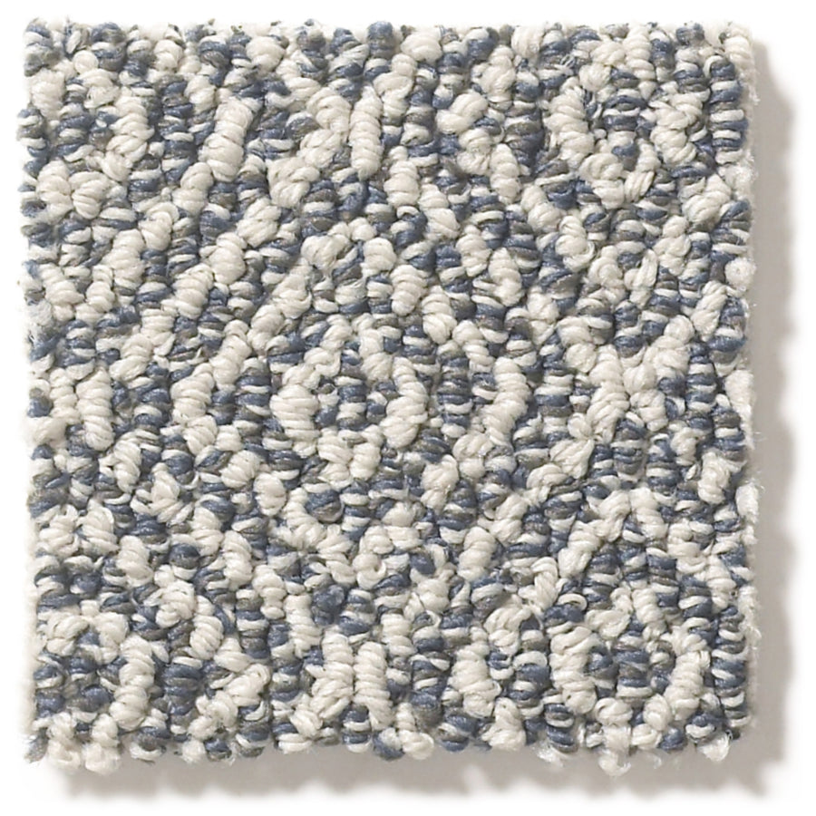 A square swatch of Stroll Pet Friendly Carpet in a loop style, displaying a geometric diamond pattern in white and light blue, with a durable, textured woven look.