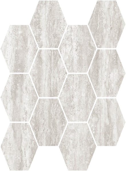 The Villanova Hexagon Mosaic Tile showcases light gray porcelain with natural graining and neutral tones, set in a grid layout on a white background for a clean, modern look.