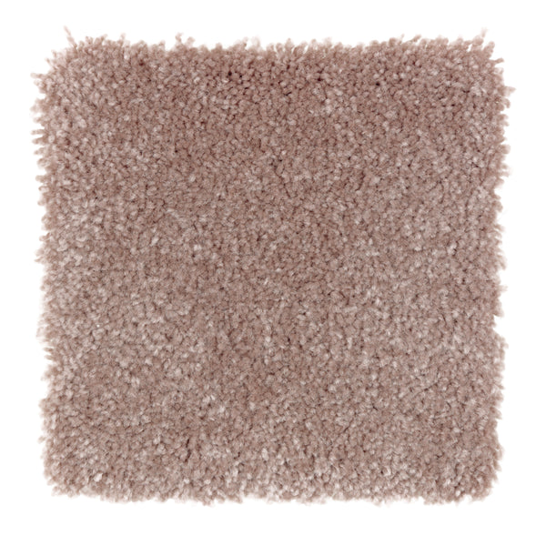 A close-up of the Sensible Style III Family Friendly Carpet in Cactus Rose shows its light brown, plush and textured surface. The square sample has slightly uneven edges and is set against a white background—ideal for everyday comfort.