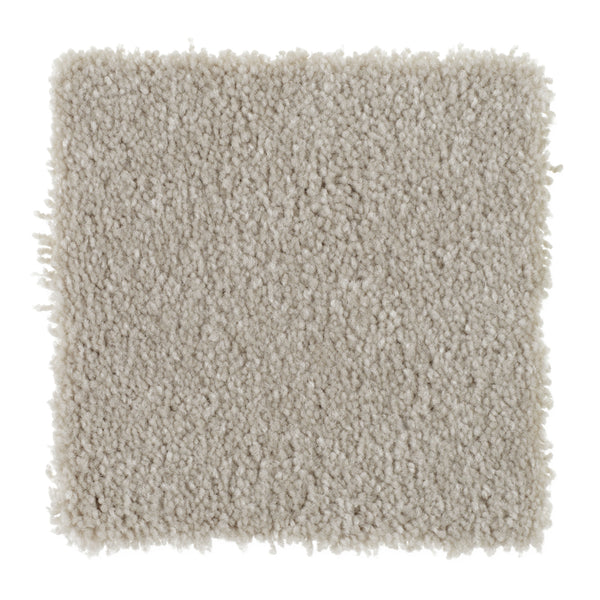 A rectangular swatch of Sensible Style III Family Friendly Carpet in Quiet Eloquence, featuring a light beige, plush, textured surface for everyday comfort, shown against a white background.