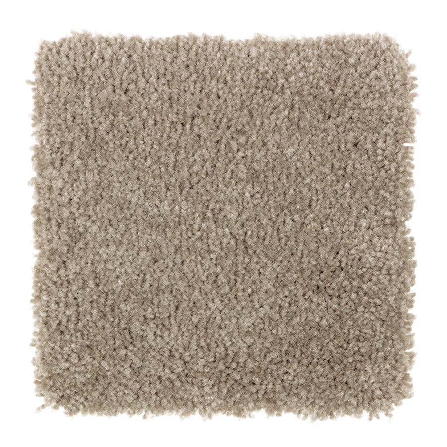 A square sample of Sensible Style III Family Friendly Carpet in Teak, featuring a plush, textured surface for daily comfort, is viewed from above against a white background.