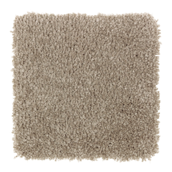 A square sample of Sensible Style III Family Friendly Carpet in Teak, featuring a plush, textured surface for daily comfort, is viewed from above against a white background.