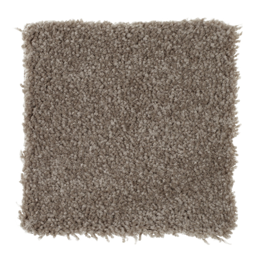 A square sample of Sensible Style III Family Friendly Carpet in Pecan Bark, featuring a light brown, textured, plush, and slightly shaggy look for modern comfort, shown from above on a white background.