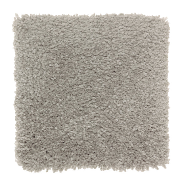 A square swatch of Sensible Style III Family Friendly Carpet in Foil—a light gray, plush with a soft, textured surface—shown on a white background, ideal for everyday comfort in modern spaces.
