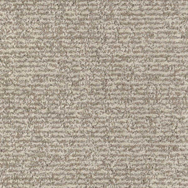 Close-up of Balance Family Friendly Carpet in Serene color, featuring a stain-resistant, textured looped pile with subtle horizontal lines—offering a soft, slightly striped look ideal for busy homes.
