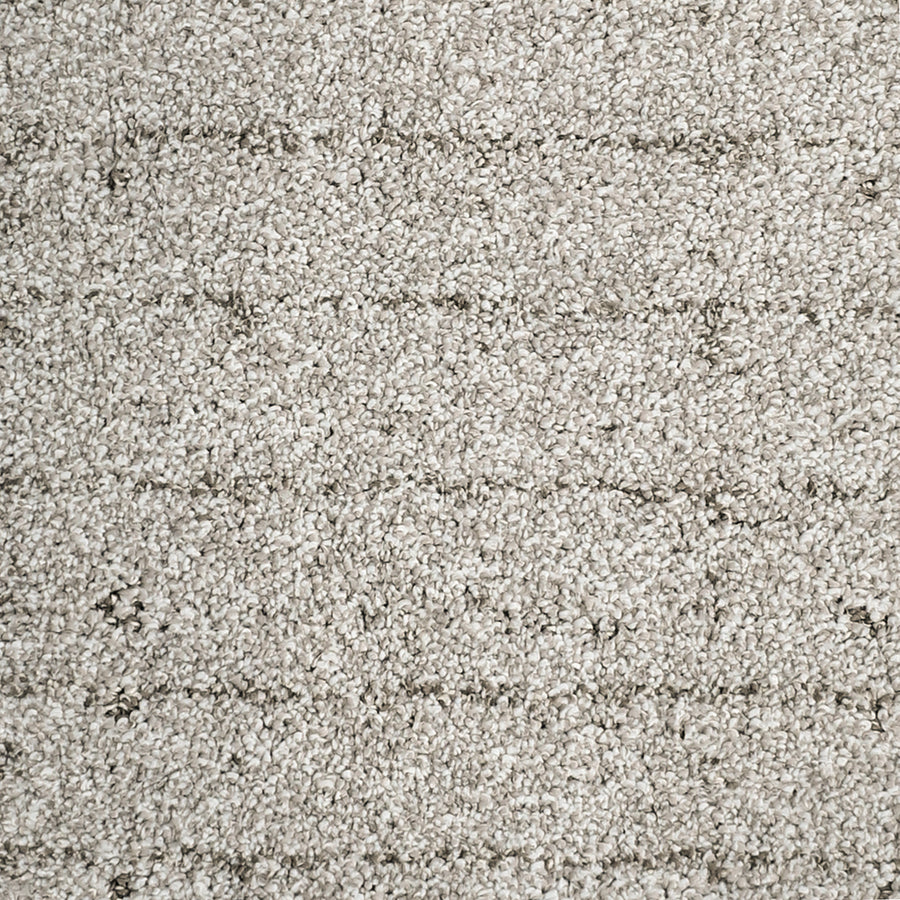 Close-up of Furry Fun Pet Friendly Carpet, showcasing its light beige, textured looped pile with stylish, subtle darker horizontal lines across the surface.