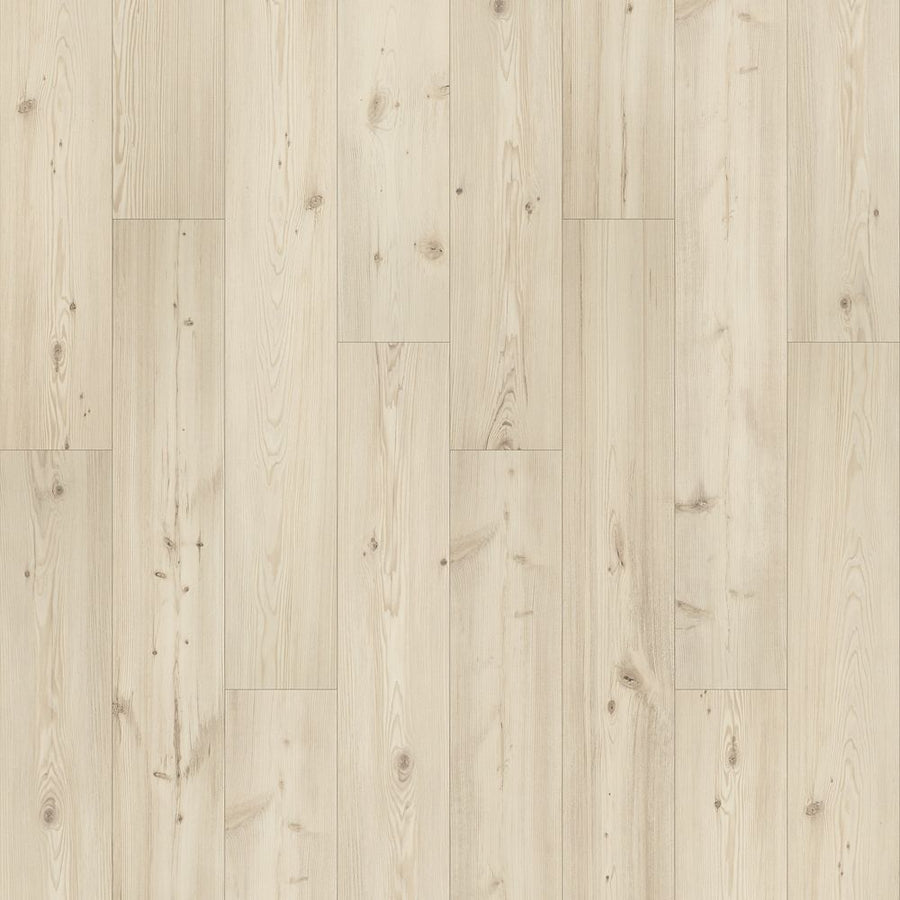 Glacial Isle 8 11/32" Waterproof Laminate in Shale Pine offers luxury light wood flooring with natural grain, subtle knots, and variations. The staggered plank layout creates a clean, modern look.