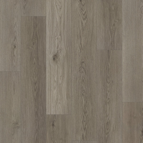 Close-up view of Coretec Pro Plus Enhanced Vinyl flooring panels, showcasing a grayish-brown tone with natural wood grain patterns, knots, and subtle color and texture variations for an elegant finish.