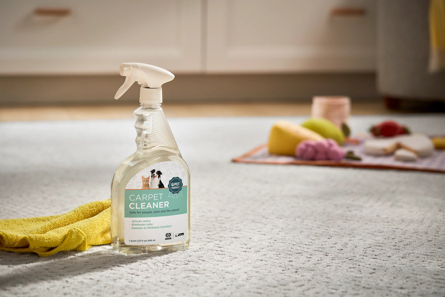 The Shaw Carpet 32oz Spray Cleaner sits on a light carpet next to a yellow cloth, with toys and household items scattered in the blurred background.