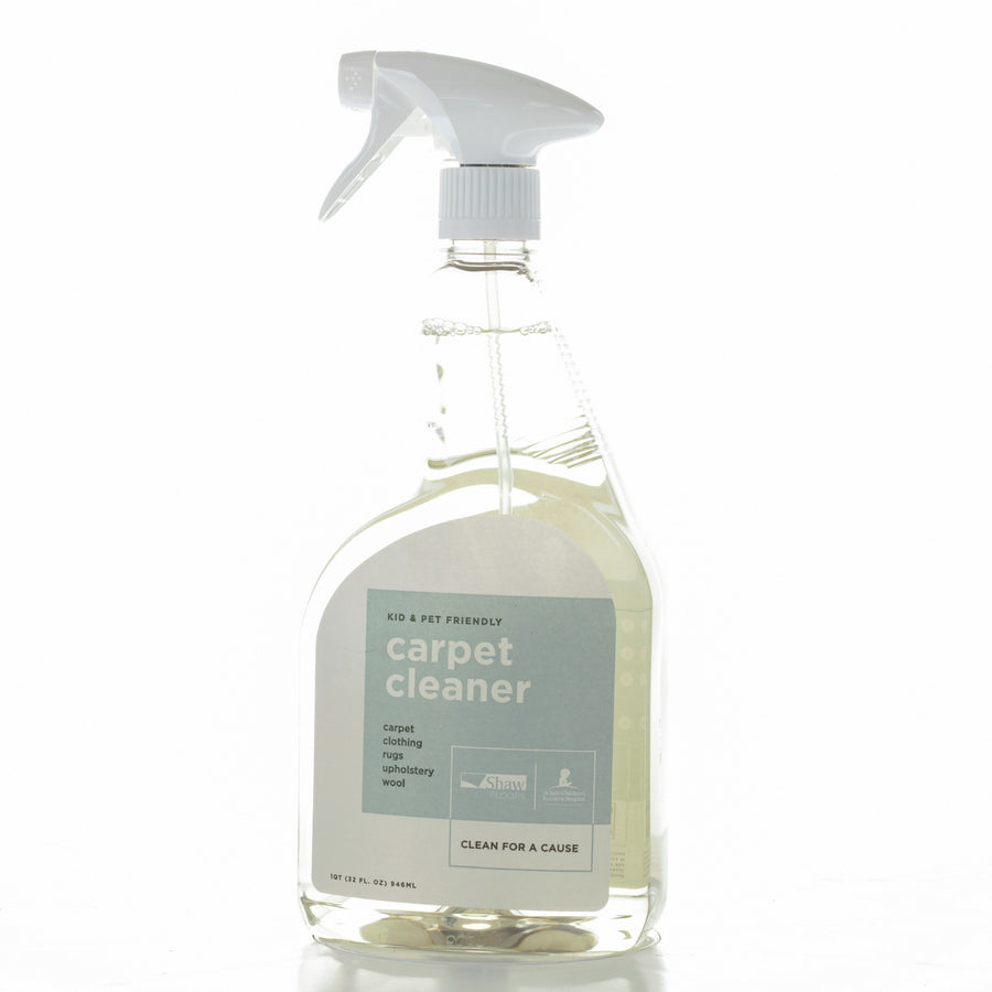 The Shaw Carpet 32oz Spray Cleaner features a white trigger nozzle and is safe for kids and pets. Perfect for carpets, rugs, upholstery, and wool, it’s an ideal stain remover to keep your home spotless.
