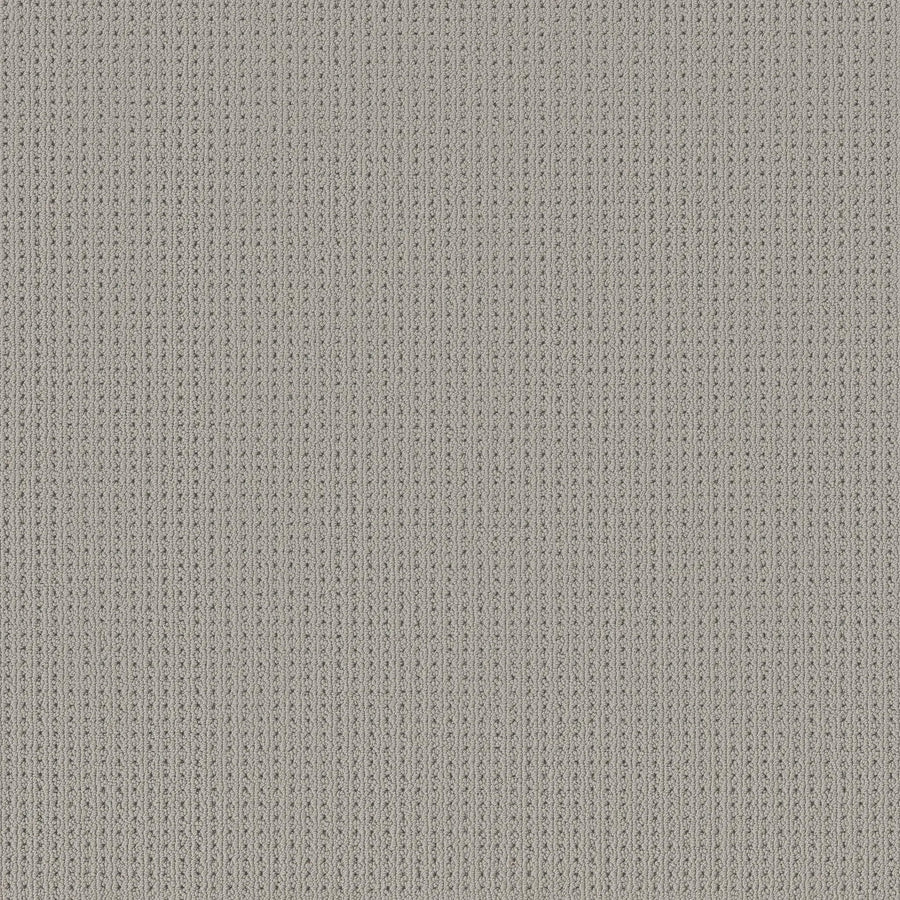 Close-up of San Lucas Family Friendly Carpet in Silverplate color shows a uniform, light gray ribbed knit texture with fine vertical lines—perfect for high-traffic, family-friendly homes.