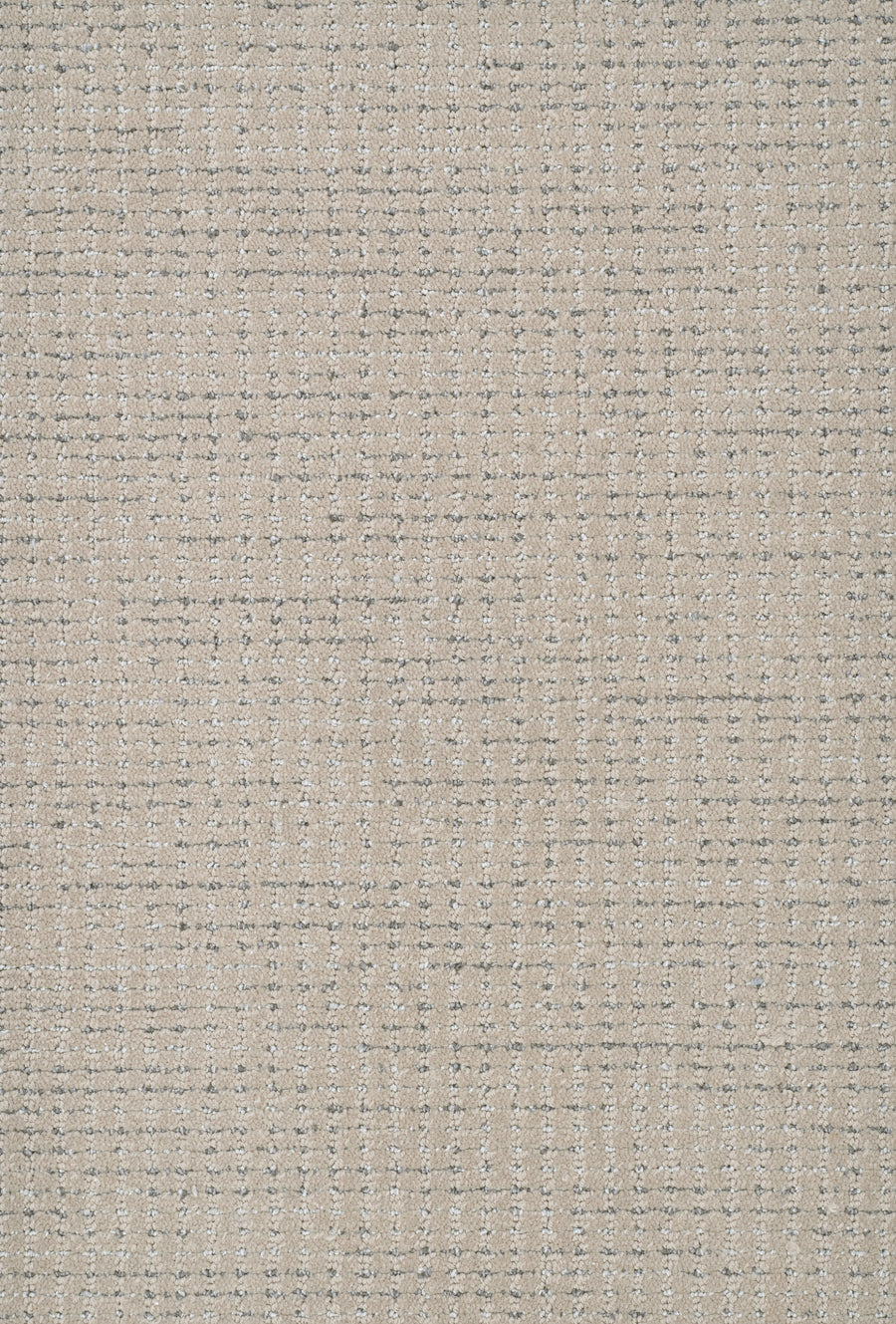 A close-up of Chalet On Trend Carpet shows beige textured fabric with a subtle grid pattern formed by thin gray and off-white lines, creating a soft, woven surface and organic detail for a neutral, modern look.