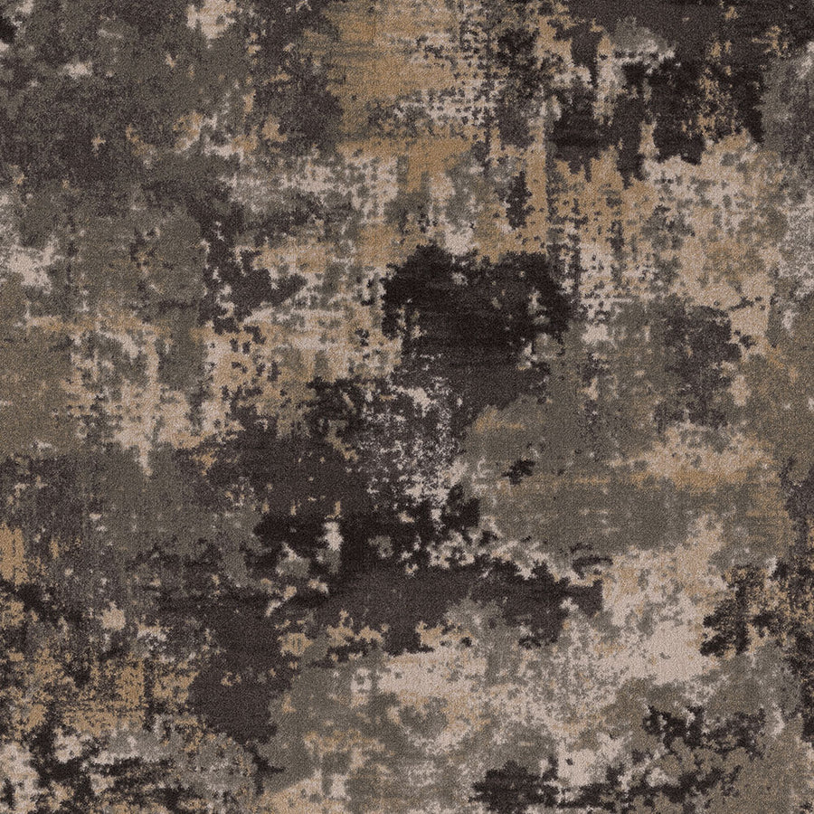 Sky Canvas On Trend Carpet showcases a distressed, pixelated design in brown, beige, gray, and black. This luxury carpet features irregular shapes and color patches for a worn, textured appearance throughout.