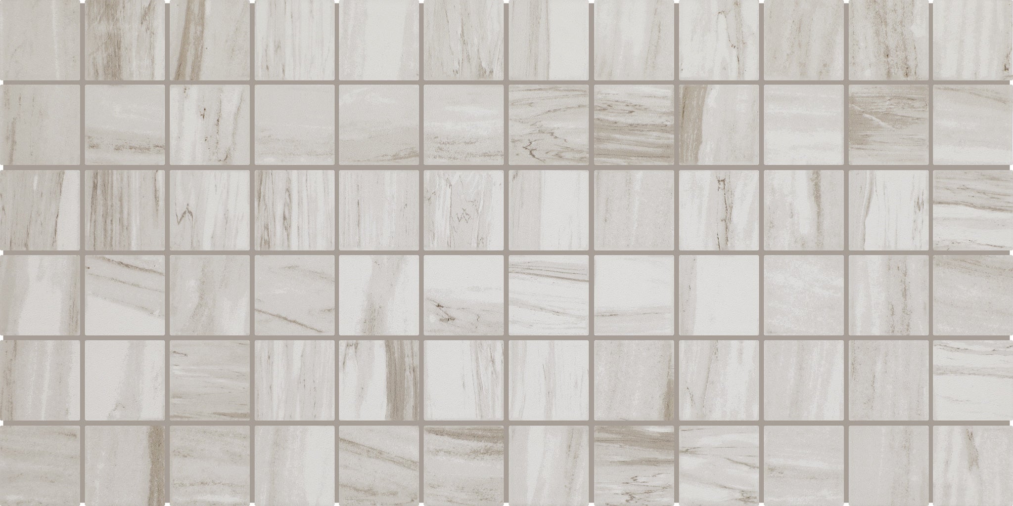 
		                            Skyline 2x2 Mosaic Porcelain Tile in Coastal Haze, featuring a grid of square, light gray mosaic tiles with subtle, marbled veining patterns.
		                            