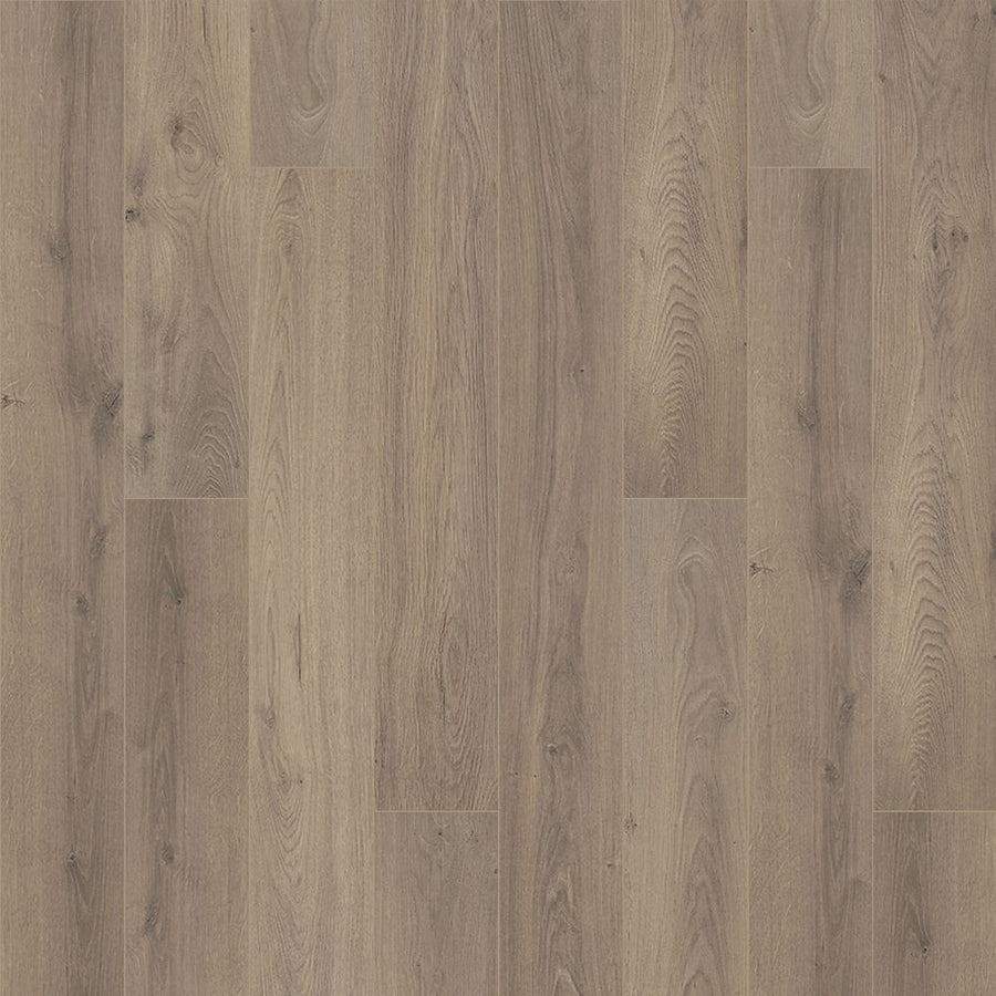 Aurora Falls 7 1/2" Waterproof Laminate in Smoke Oak features light brown floorboards with a natural grain and knots, staggered layout, matte finish, moisture-barrier technology, and enhanced durability for a warm, rustic look.