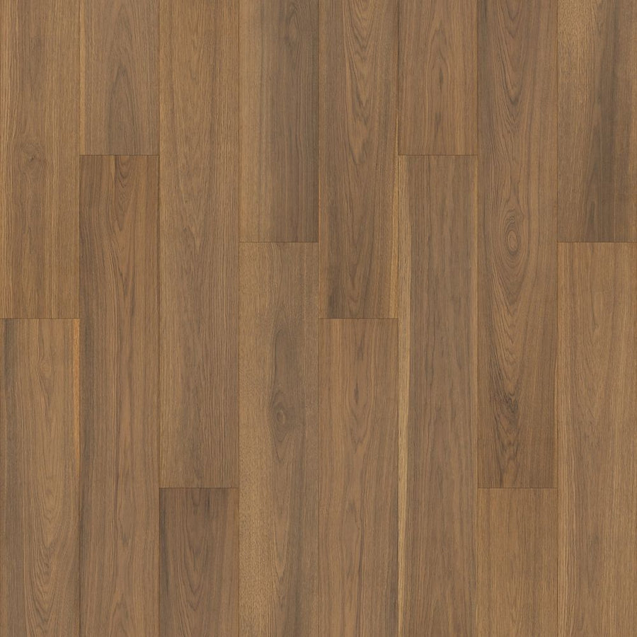 Kallan Point 7 1/2" Waterproof Laminate in Smoked Amber Hickory features medium-brown planks with natural grain, a smooth matte finish, and a staggered layout for subtle color variation and lasting style.