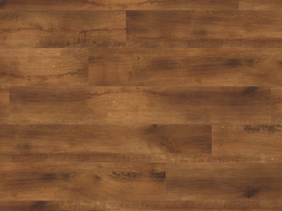 Close-up of Van Gogh Glue 7" Vinyl Plank in Smoked Oak, featuring natural wood grain texture. The medium to dark brown planks are glue-down installed in a staggered, horizontal pattern—ideal for high-traffic spaces.