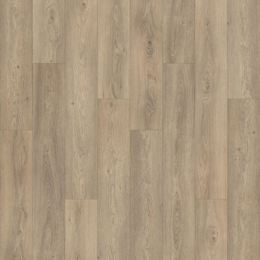 Danish Overlook 7 1/2" Waterproof Laminate in Smokey Taupe Oak offers natural wood grain and knots on light brown rectangular planks, arranged in a staggered layout for a warm, rustic look.