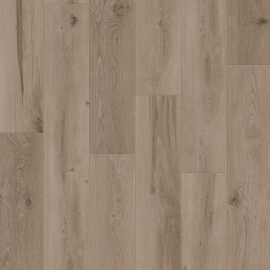 Coretec Retro Revival 9" Vinyl Plank in Smoky Linen Oak features a light brown hue with natural grain and knots in a staggered layout, offering a smooth, even finish and a vintage look with the durability of premium vinyl flooring.
