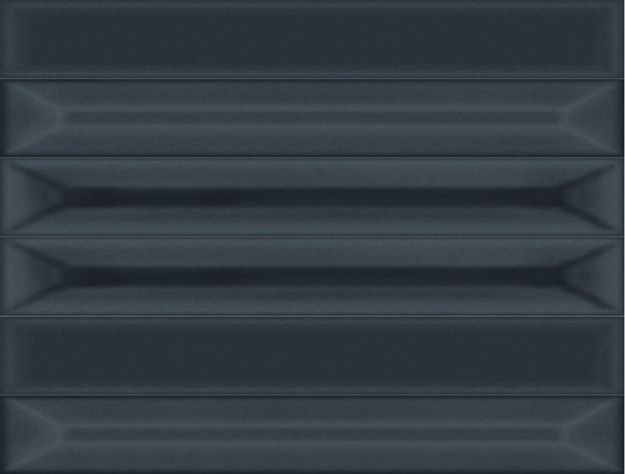Jewelz 12x16 Glazed Porcelain Tiles in Sodalite are arranged in horizontal rows. These rectangular tiles feature beveled edges and a glossy finish, offering a modern look with subtle highlights and shadows that enhance their 3D effect.