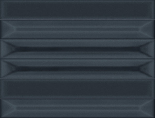 Jewelz 12x16 Glazed Porcelain Tiles in Sodalite are arranged in horizontal rows. These rectangular tiles feature beveled edges and a glossy finish, offering a modern look with subtle highlights and shadows that enhance their 3D effect.