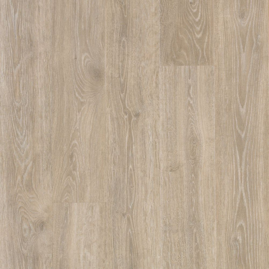 Antique Style 9 7/16" Waterproof Laminate in Soft Chamois Oak features smooth, light brown planks with subtle grain and natural tone variation for a realistic reclaimed wood look.