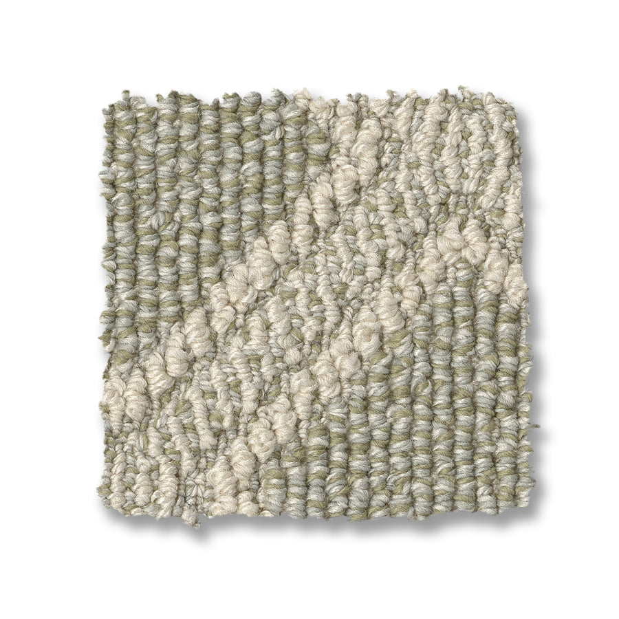Scout Pet Friendly Carpet is a durable square swatch with a looped pile in light grey and beige, featuring subtle abstract diagonal and wavy line designs.