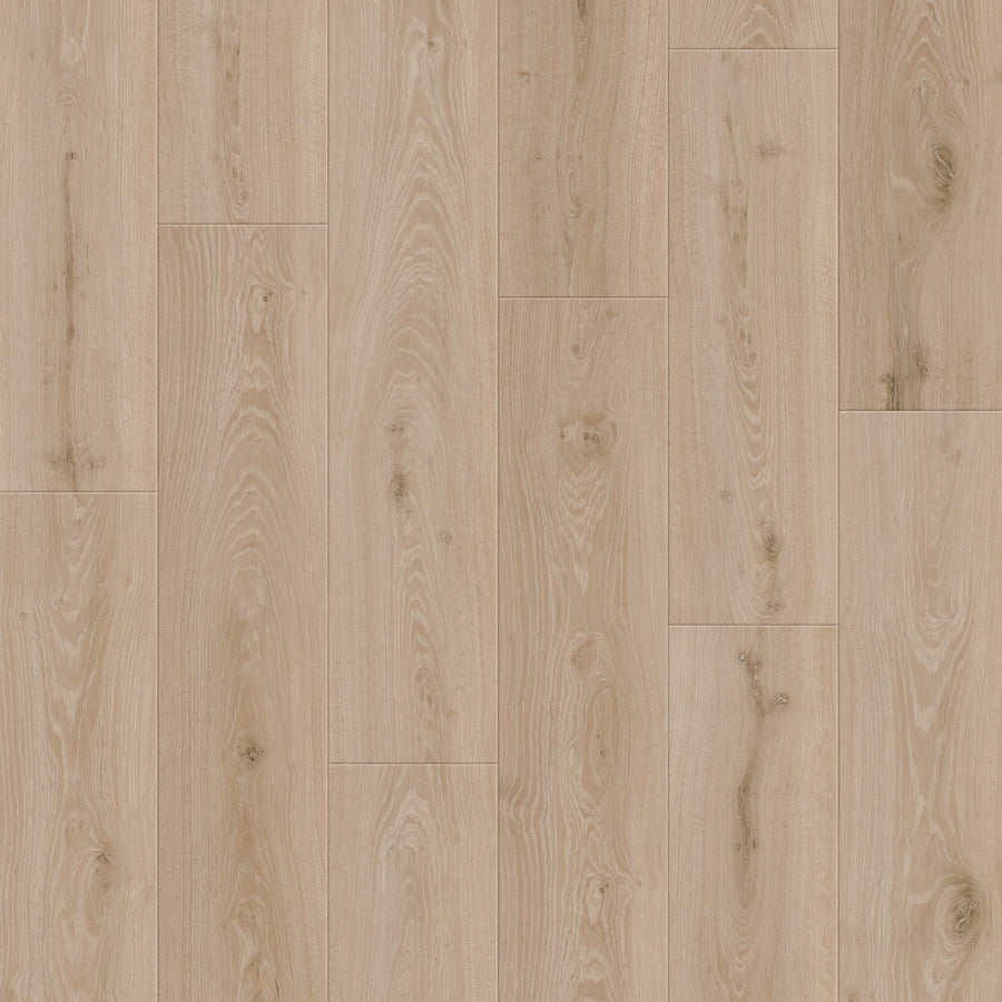 Coretec Retro Revival 9" Vinyl Plank in Soft Taupe Oak features a natural grain pattern with subtle knots, light beige tones, and a staggered layout for warm vintage style. Durable vinyl surface offers the look of light oak wood flooring.