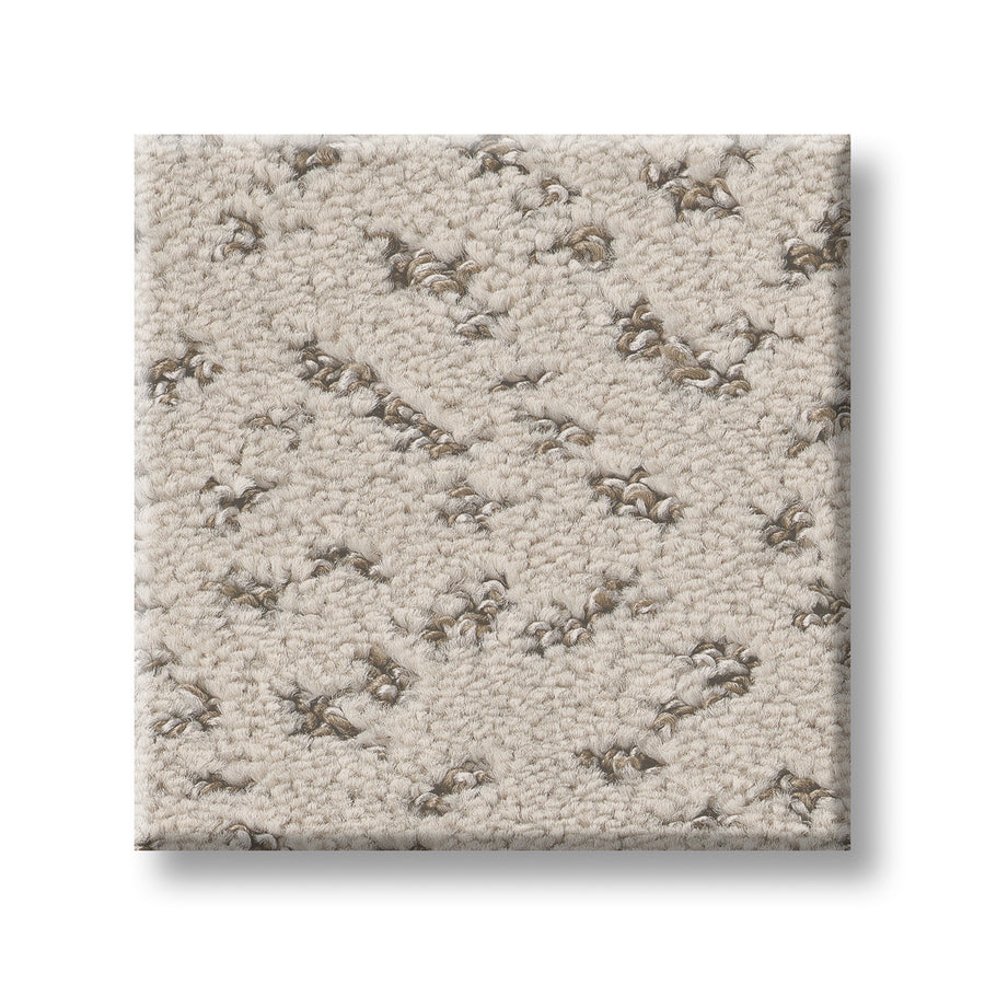 A square sample of Elaborate Artifact Family Friendly Carpet in beige loop pile with brown and gray accents, stain-fighting technology, displayed on a white background.