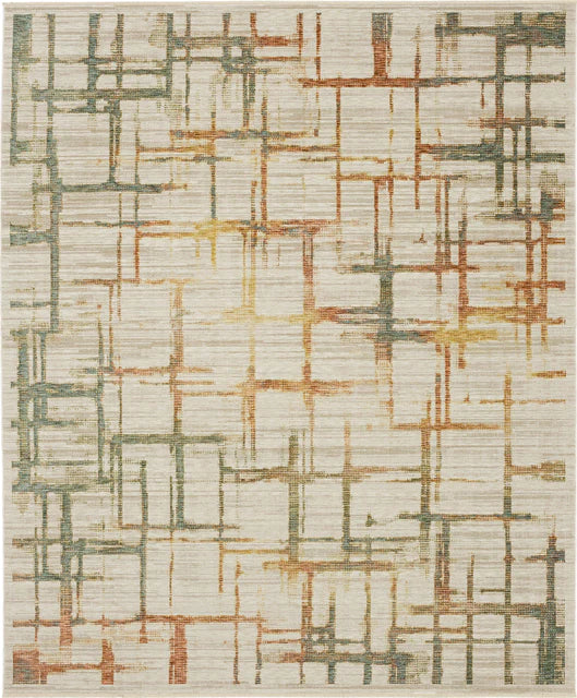 The Momento Souvenir Area Rug by Karastan Rugs showcases a beige base with intersecting lines in muted green, orange, and yellow, forming a modern geometric pattern.