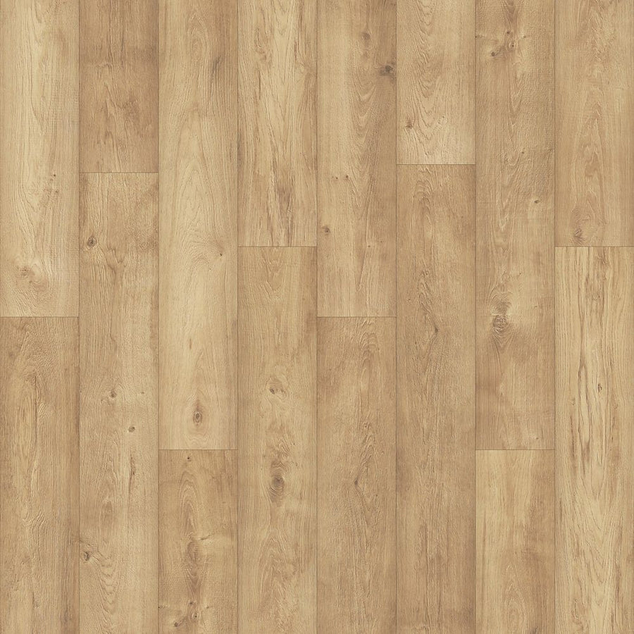 Norella Veil 7 1/2" Waterproof Laminate in Spiced Oak features light brown planks with a natural grain pattern and subtle tone variations, creating a realistic wood look with luxury and durability.