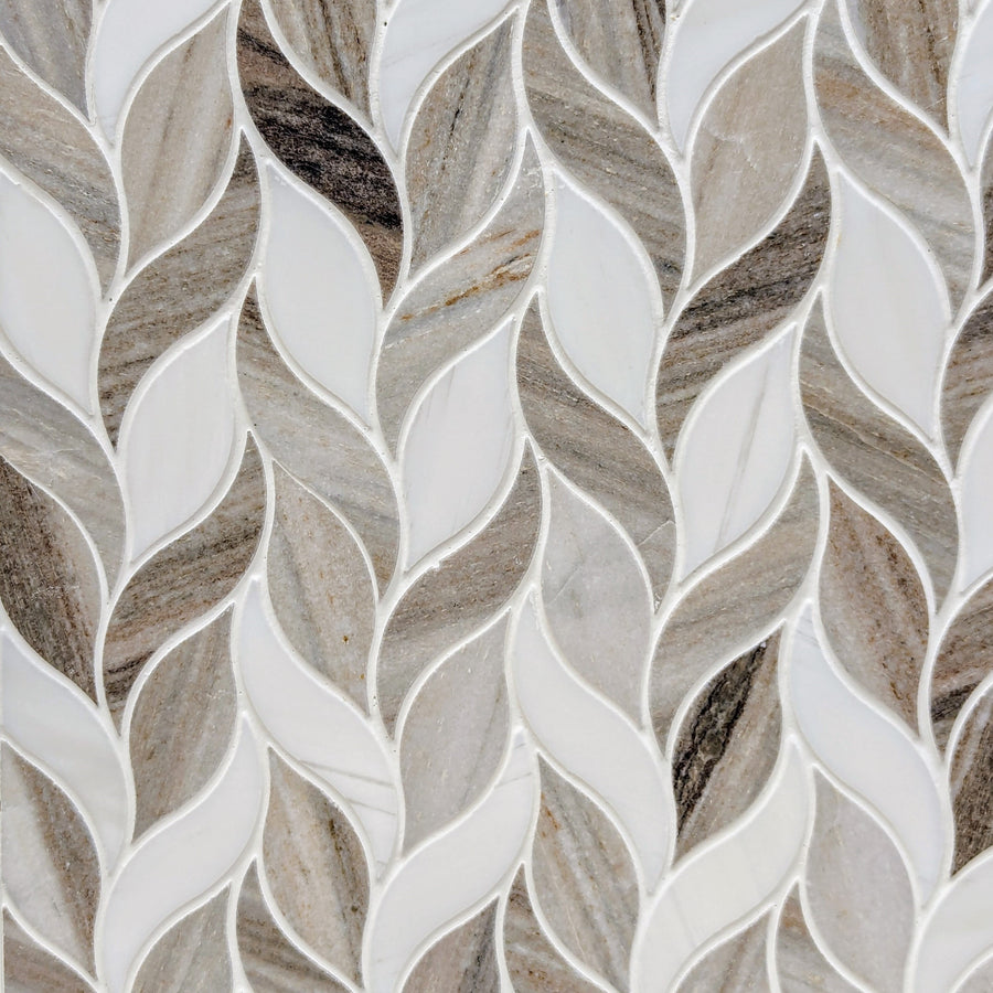 Leaf-shaped Spring Leaf Polished Marble Mosaic Tile in beige, brown, and white forms a repeating interlocking pattern, delivering an organic textured look with elegant polished marble.