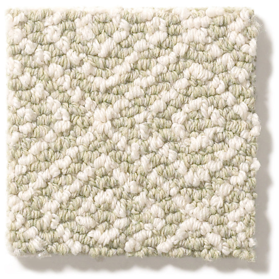 Stroll Pet Friendly Carpet offers a square loop design with a textured geometric pattern in light beige and soft green, featuring subtle diamond motifs and alternating raised areas—perfect for stylish, durable flooring.