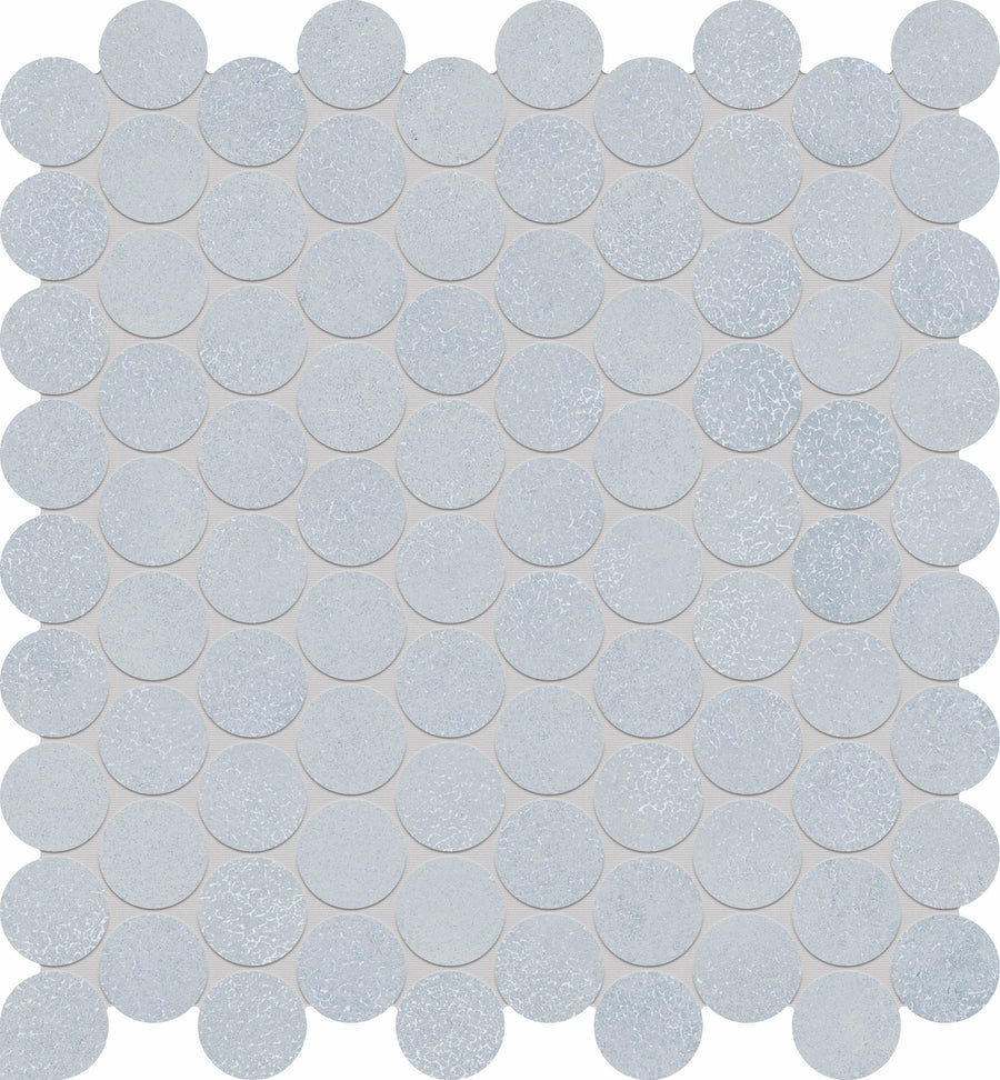 A grid of evenly spaced, light grey Avanti 1" Pennyround Porcelain Tiles with subtle texture, arranged in a square pattern on a white background, offers a calming and refined aesthetic.