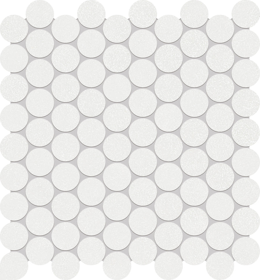 The Avanti 1" Pennyround Porcelain Tile sheet showcases evenly spaced, white, round tiles with a subtle texture, arranged in straight rows on a light backing for a soothing, modern look.