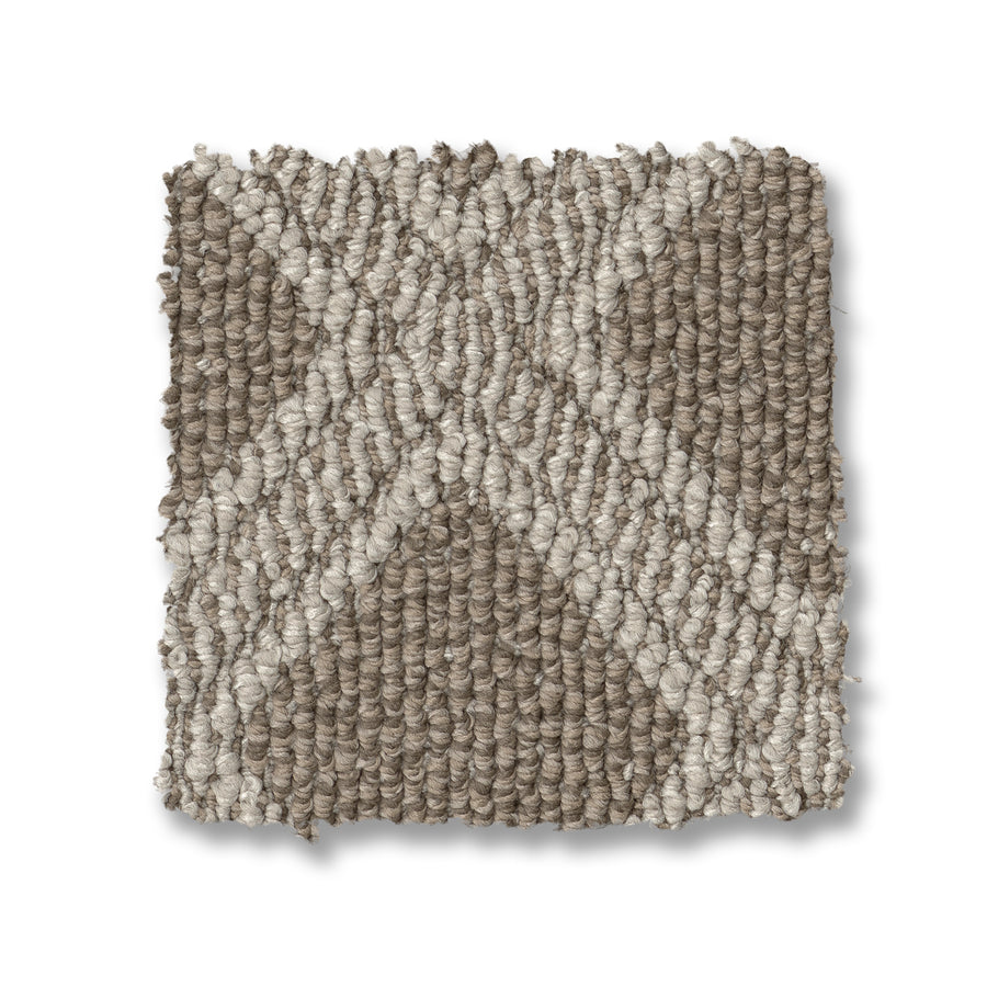 The Scout Pet Friendly Carpet is a square swatch with a textured loop pile in taupe and beige, featuring a durable geometric "X" pattern—perfect for those seeking an attractive, pet-friendly flooring option.