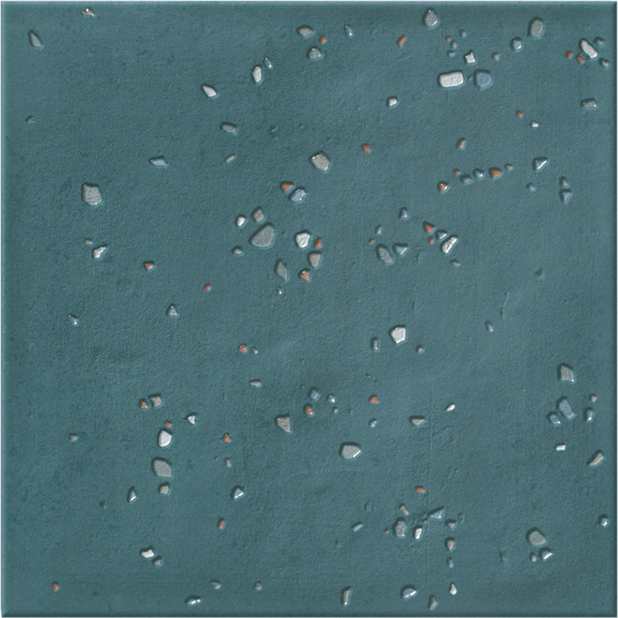The Stardust Pebbles 6" x 6" Ceramic Tile in Ocean features a teal base with scattered small white, gray, and reddish-brown chips, creating a versatile look inspired by natural pebbles.