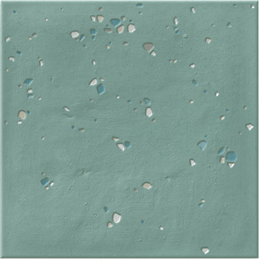 The Stardust Pebbles 6" x 6" Ceramic Tile features a teal pebbled surface with scattered white, beige, and blue fragments, evoking terrazzo style—ideal for accent walls or stylish ceramic tile installations.
