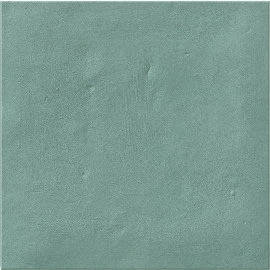 The Stardust 6" x 6" Ceramic Tile in teal features a smooth, matte finish with subtle surface irregularities and small imperfections—ideal for creating a stylish backsplash or accent wall.