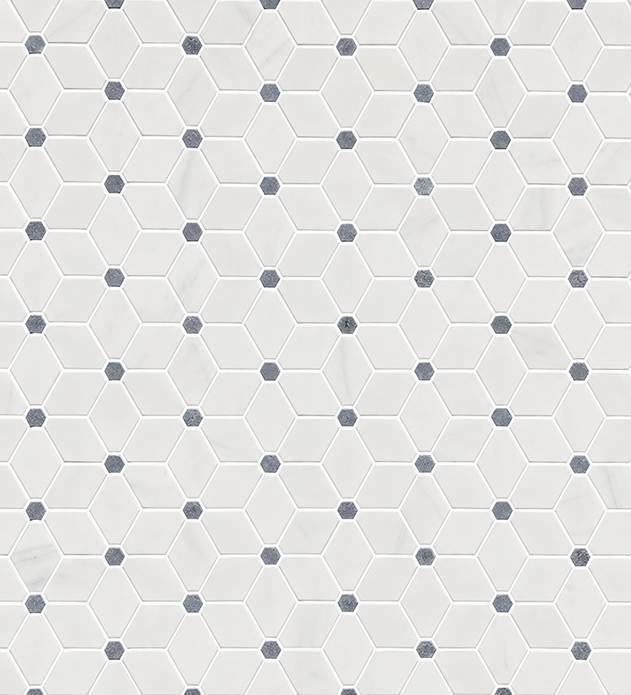 Stargaze Dolomite Marble Mosaic Tile w/ Fendi Blue features white hexagons in a honeycomb pattern accented by small dark blue-gray mosaics at the intersections, creating a modern geometric mosaic look.