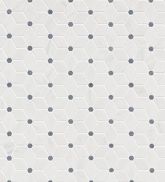 Stargaze Dolomite Marble Mosaic Tile w/ Fendi Blue features white hexagons in a honeycomb pattern accented by small dark blue-gray mosaics at the intersections, creating a modern geometric mosaic look.