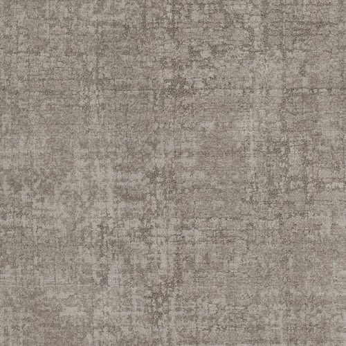 A close-up of Ithaca On Trend Carpet in Stavros shows a textured, gray, stain-resistant surface with a distressed abstract pattern of intersecting lines and varying light and dark shades.