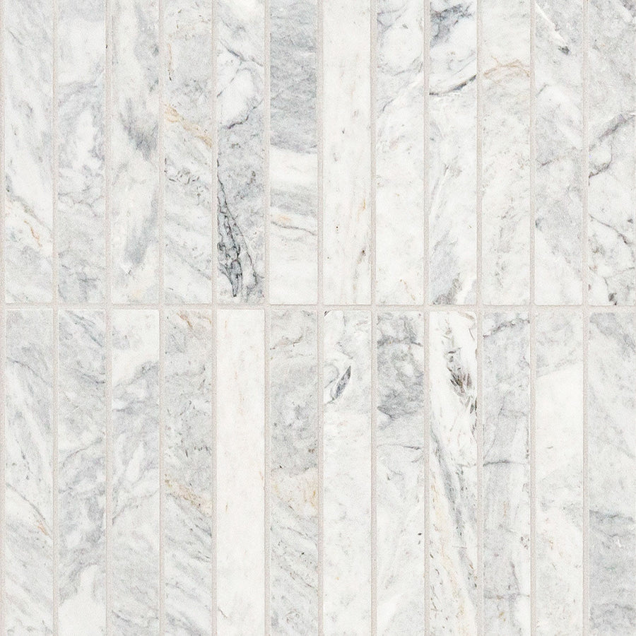 Stellar 1x6 Blue Stacked Honed Marble Mosaic features rectangular blue marble tiles with a smooth, honed finish, arranged vertically for a clean and elegant look.